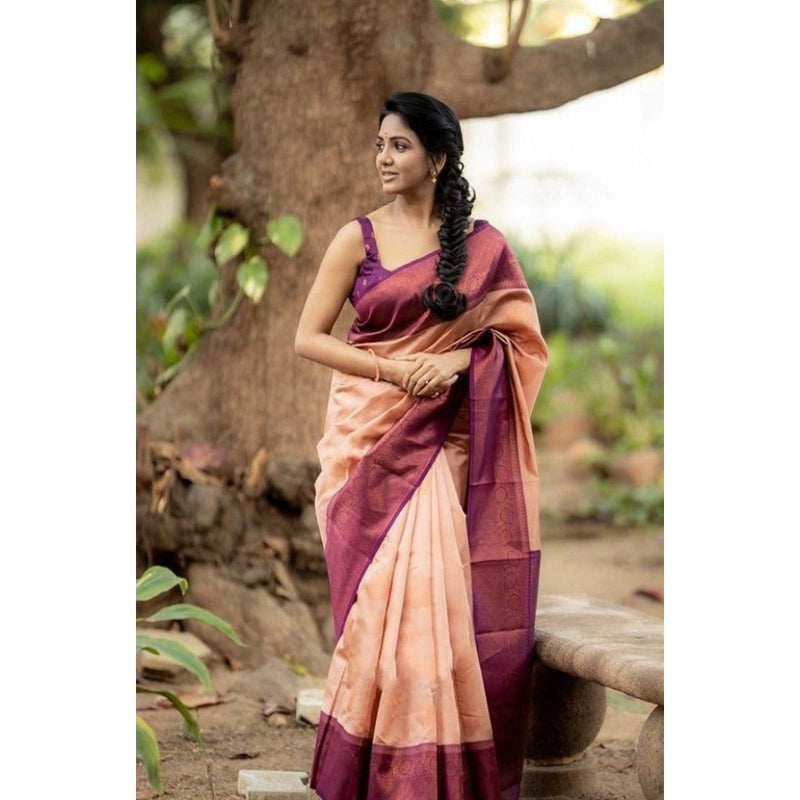 Mayawye Women's Litchi silk Printed Saree With Unstitched Blouse (Beige)