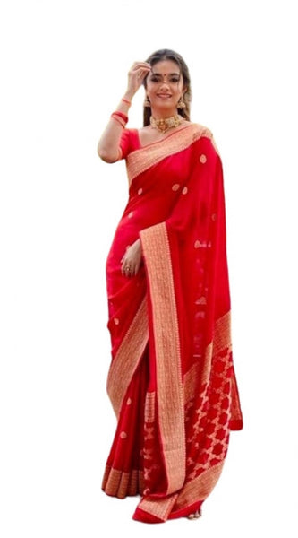 Mayawye Women's Litchi silk Printed Saree With Unstitched Blouse (Red)