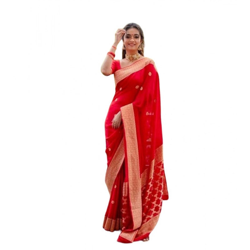 Mayawye Women's Litchi silk Printed Saree With Unstitched Blouse (Red)