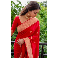 Mayawye Women's Litchi silk Printed Saree With Unstitched Blouse (Red)