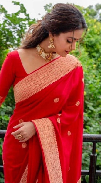 Mayawye Women's Litchi silk Printed Saree With Unstitched Blouse (Red)