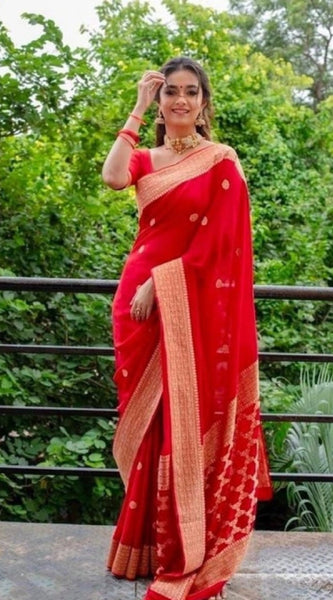Mayawye Women's Litchi silk Printed Saree With Unstitched Blouse (Red)