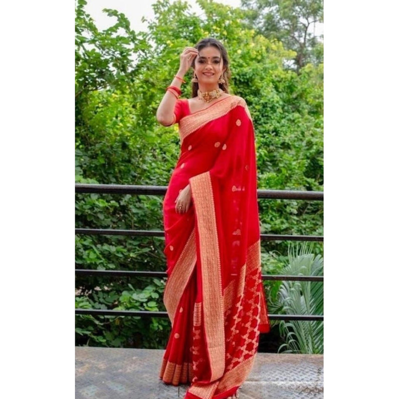 Mayawye Women's Litchi silk Printed Saree With Unstitched Blouse (Red)