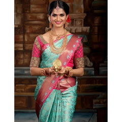 Mayawye Women's Litchi silk Printed Saree With Unstitched Blouse (Turquise Blue)