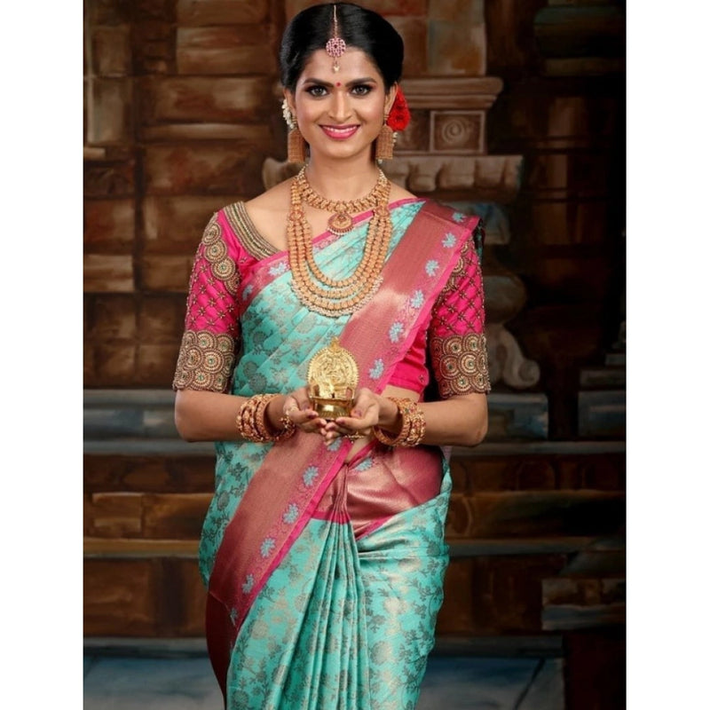 Mayawye Women's Litchi silk Printed Saree With Unstitched Blouse (Turquise Blue)