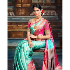Mayawye Women's Litchi silk Printed Saree With Unstitched Blouse (Turquise Blue)