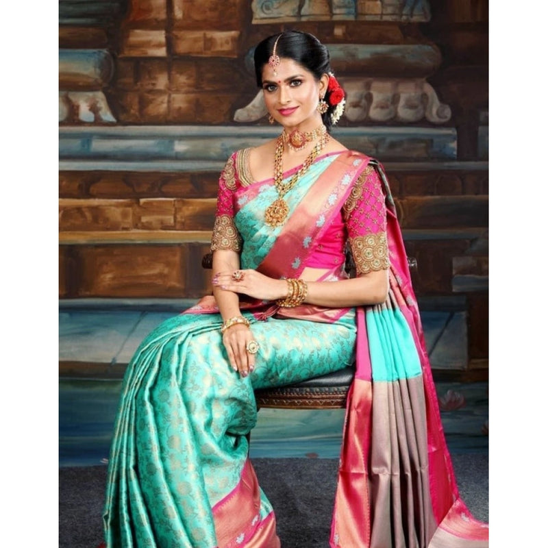 Mayawye Women's Litchi silk Printed Saree With Unstitched Blouse (Turquise Blue)