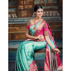 Mayawye Women's Litchi silk Printed Saree With Unstitched Blouse (Turquise Blue)