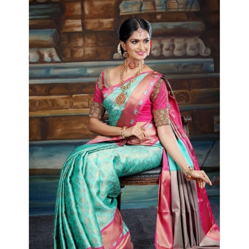 Mayawye Women's Litchi silk Printed Saree With Unstitched Blouse (Turquise Blue)