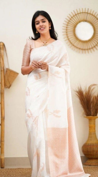 Mayawye Women's Litchi silk Printed Saree With Unstitched Blouse (White)