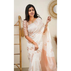 Mayawye Women's Litchi silk Printed Saree With Unstitched Blouse (White)