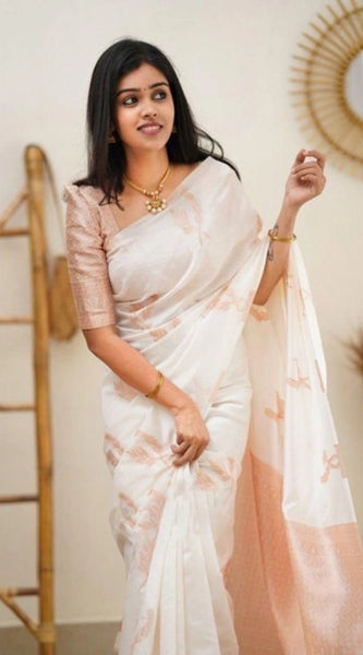 Mayawye Women's Litchi silk Printed Saree With Unstitched Blouse (White)