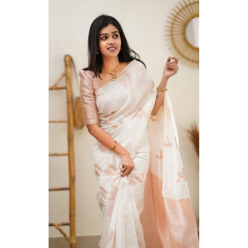 Mayawye Women's Litchi silk Printed Saree With Unstitched Blouse (White)