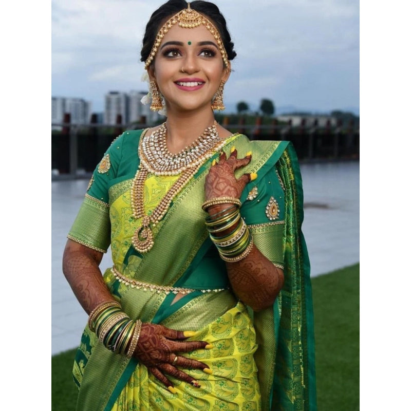 Mayawye Women's Litchi silk Printed Saree With Unstitched Blouse (Light Green)