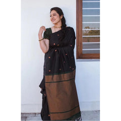 Mayawye Women's Litchi silk Printed Saree With Unstitched Blouse (Black)