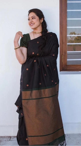 Mayawye Women's Litchi silk Printed Saree With Unstitched Blouse (Black)
