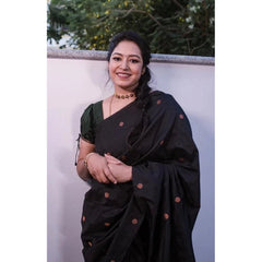 Mayawye Women's Litchi silk Printed Saree With Unstitched Blouse (Black)