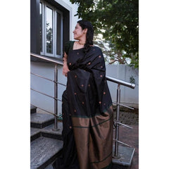 Mayawye Women's Litchi silk Printed Saree With Unstitched Blouse (Black)