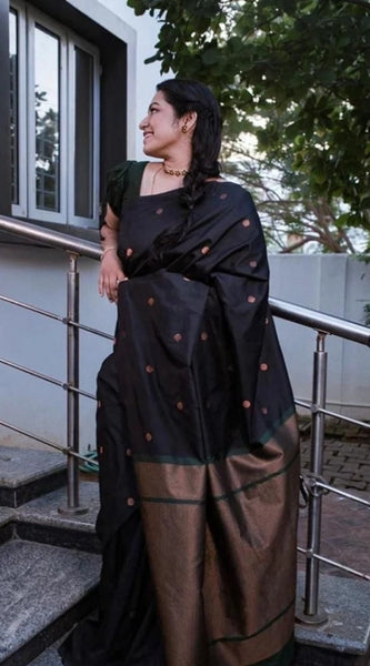Mayawye Women's Litchi silk Printed Saree With Unstitched Blouse (Black)
