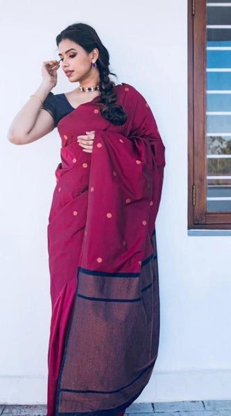 Mayawye Women's Litchi silk Printed Saree With Unstitched Blouse (Red)