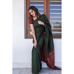 Mayawye Women's Litchi silk Printed Saree With Unstitched Blouse (Dark Green)