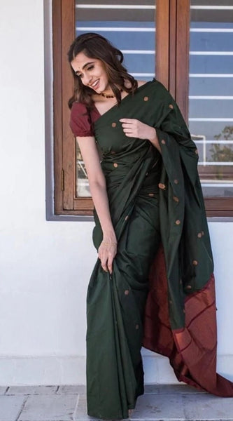Mayawye Women's Litchi silk Printed Saree With Unstitched Blouse (Dark Green)