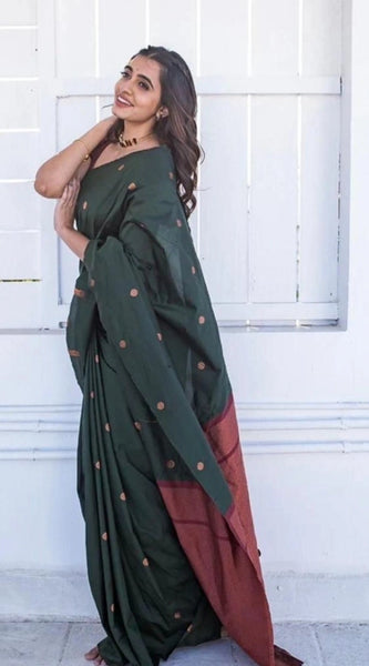 Mayawye Women's Litchi silk Printed Saree With Unstitched Blouse (Dark Green)