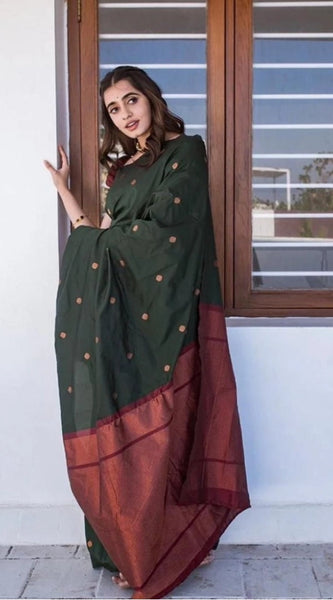 Mayawye Women's Litchi silk Printed Saree With Unstitched Blouse (Dark Green)