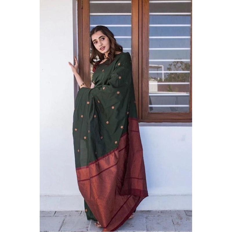 Mayawye Women's Litchi silk Printed Saree With Unstitched Blouse (Dark Green)
