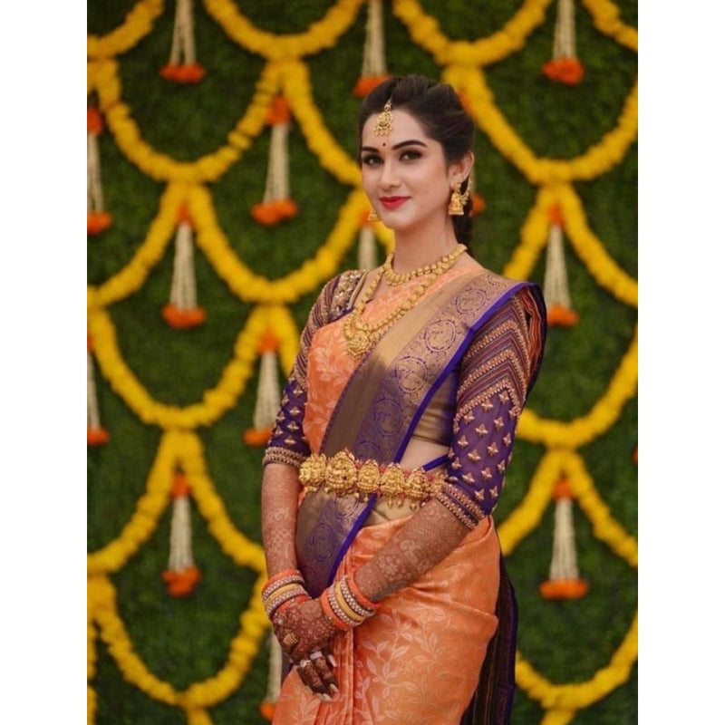Mayawye Women's Litchi silk Printed Saree With Unstitched Blouse (Orange)