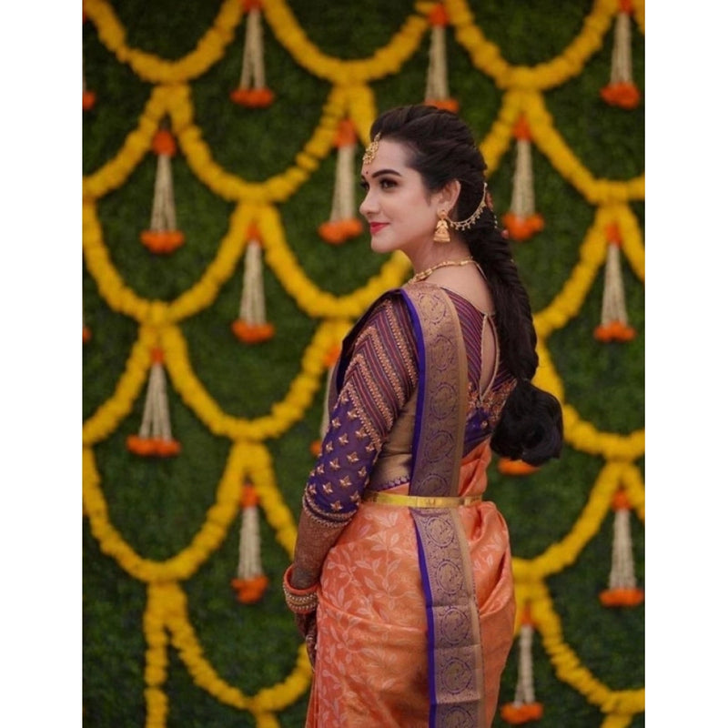 Mayawye Women's Litchi silk Printed Saree With Unstitched Blouse (Orange)