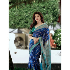 Mayawye Women's Litchi silk Printed Saree With Unstitched Blouse (Navy Blue)