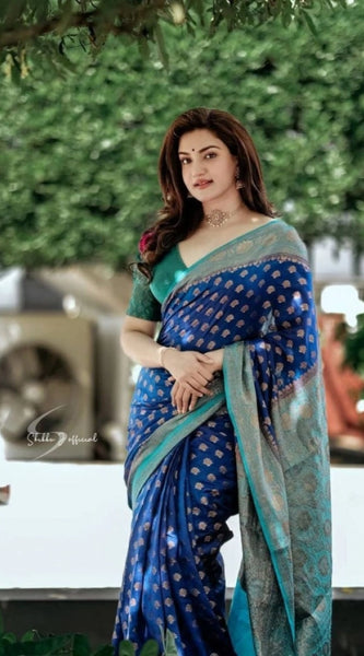 Mayawye Women's Litchi silk Printed Saree With Unstitched Blouse (Navy Blue)