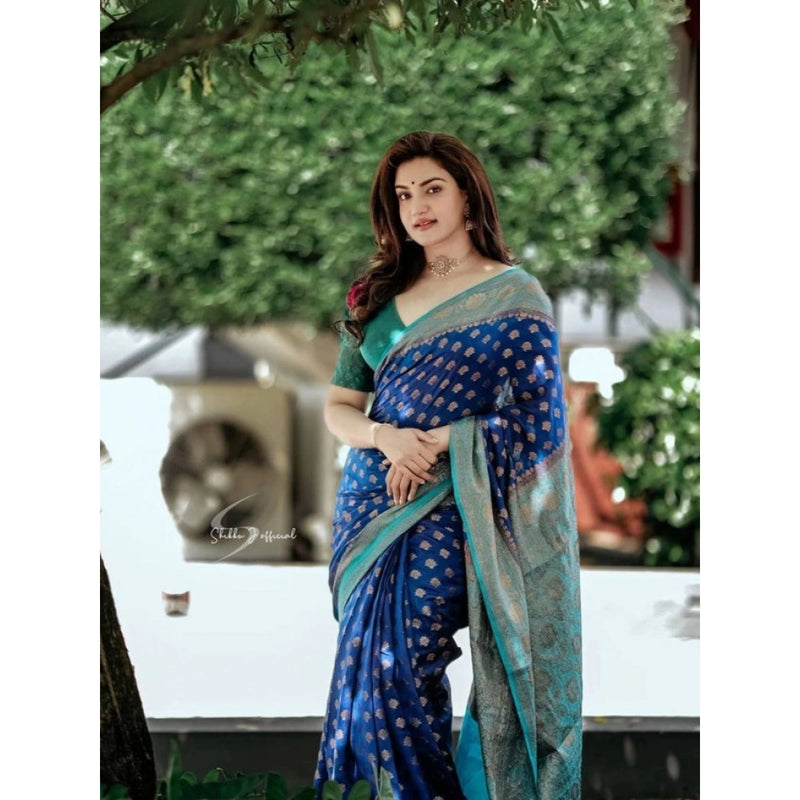 Mayawye Women's Litchi silk Printed Saree With Unstitched Blouse (Navy Blue)