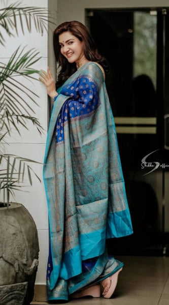 Mayawye Women's Litchi silk Printed Saree With Unstitched Blouse (Navy Blue)