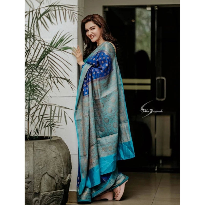 Mayawye Women's Litchi silk Printed Saree With Unstitched Blouse (Navy Blue)