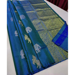 Mayawye Women's Litchi silk Printed Saree With Unstitched Blouse (Turquise Blue)