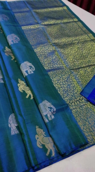 Mayawye Women's Litchi silk Printed Saree With Unstitched Blouse (Turquise Blue)