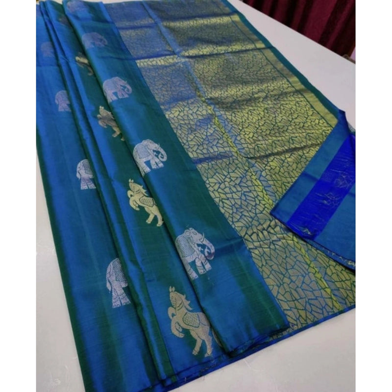 Mayawye Women's Litchi silk Printed Saree With Unstitched Blouse (Turquise Blue)