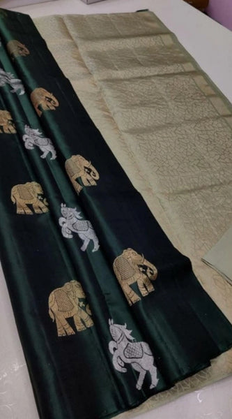 Mayawye Women's Litchi silk Printed Saree With Unstitched Blouse (Green)