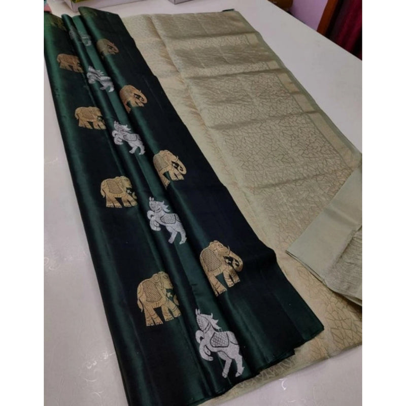 Mayawye Women's Litchi silk Printed Saree With Unstitched Blouse (Green)