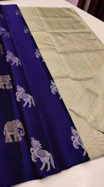 Mayawye Women's Litchi silk Printed Saree With Unstitched Blouse (Navy Blue With White)