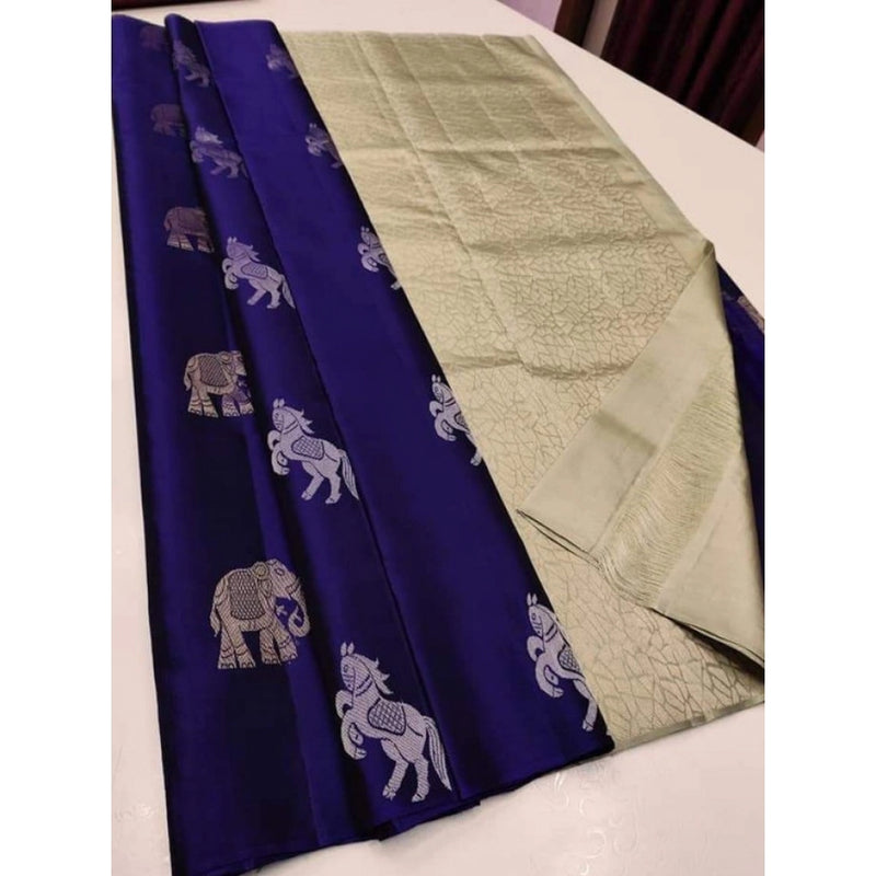 Mayawye Women's Litchi silk Printed Saree With Unstitched Blouse (Navy Blue With White)