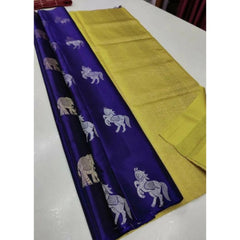 Mayawye Women's Litchi silk Printed Saree With Unstitched Blouse (Navy Blue With Yellow)