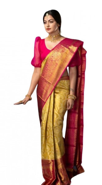 Mayawye Women's Soft Litchi Silk Jacquard Work Saree With Unstitched Blouse 5.5Mtr (Mustard Yellow)