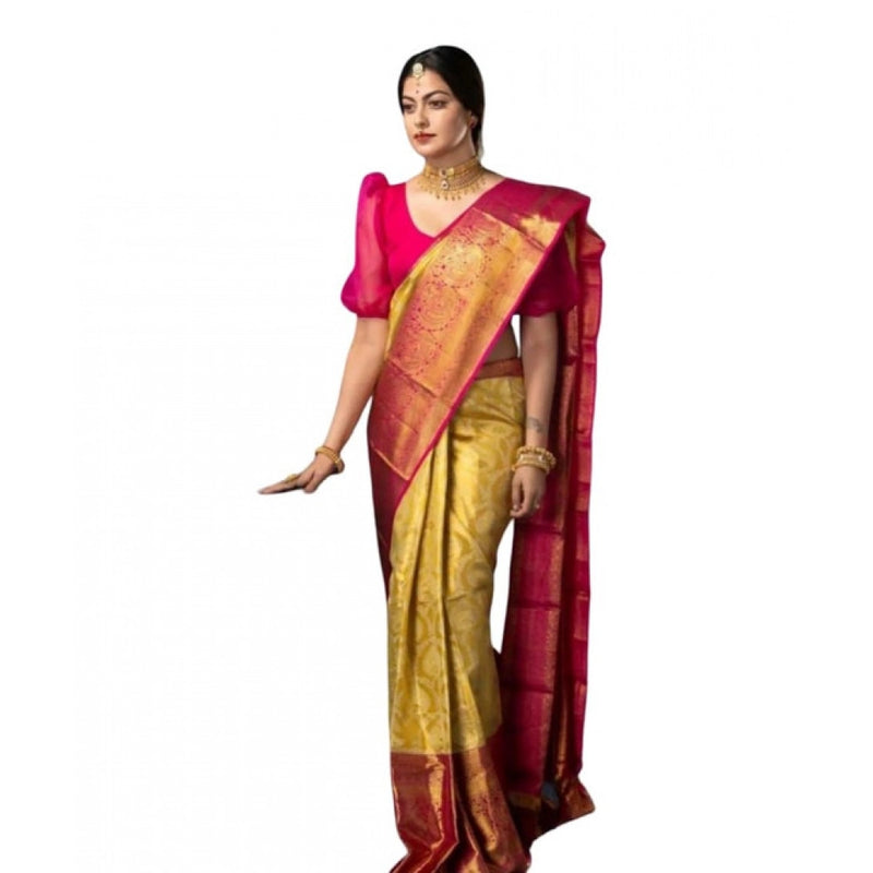 Mayawye Women's Soft Litchi Silk Jacquard Work Saree With Unstitched Blouse 5.5Mtr (Mustard Yellow)