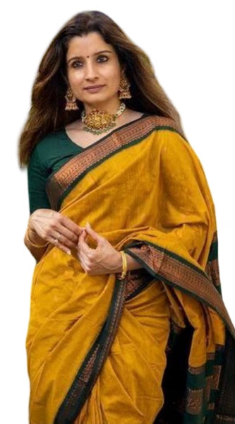Mayawye Women's Soft Litchi Silk Jacquard Work Saree With Unstitched Blouse 5.5Mtr (Yellow)