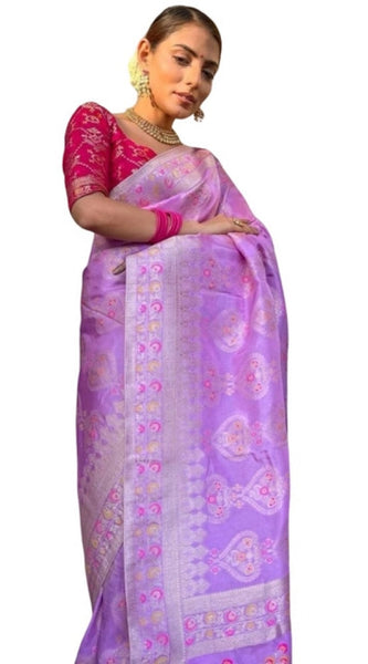 Mayawye Women's Soft Litchi Silk Jacquard Work Saree With Unstitched Blouse 5.5Mtr (Lavender)