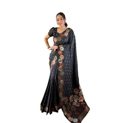 Mayawye Women's Soft Litchi Silk Jacquard Work Saree With Unstitched Blouse 5.5Mtr (Navy Blue)