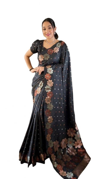 Mayawye Women's Soft Litchi Silk Jacquard Work Saree With Unstitched Blouse 5.5Mtr (Navy Blue)